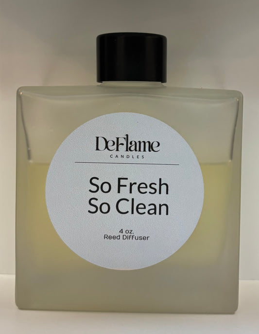 DeFlame candles reed diffuser labeled 'So Fresh So Clean' on a white background